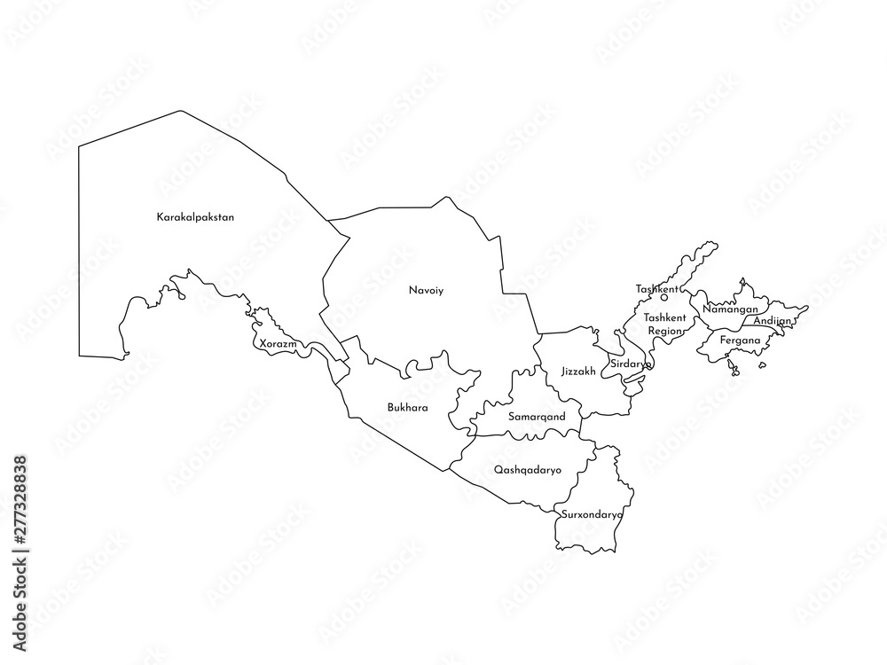Vector isolated illustration of simplified administrative map of Uzbekistan. Borders and names of the regions. Black line silhouettes