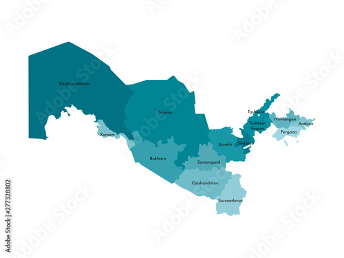 Vector isolated illustration of simplified administrative map of Uzbekistan. Borders and names of the regions. Colorful blue khaki silhouettes
