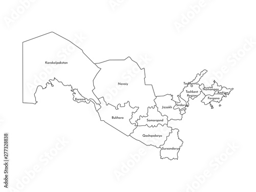 Vector isolated illustration of simplified administrative map of Uzbekistan. Borders and names of the regions. Black line silhouettes photo