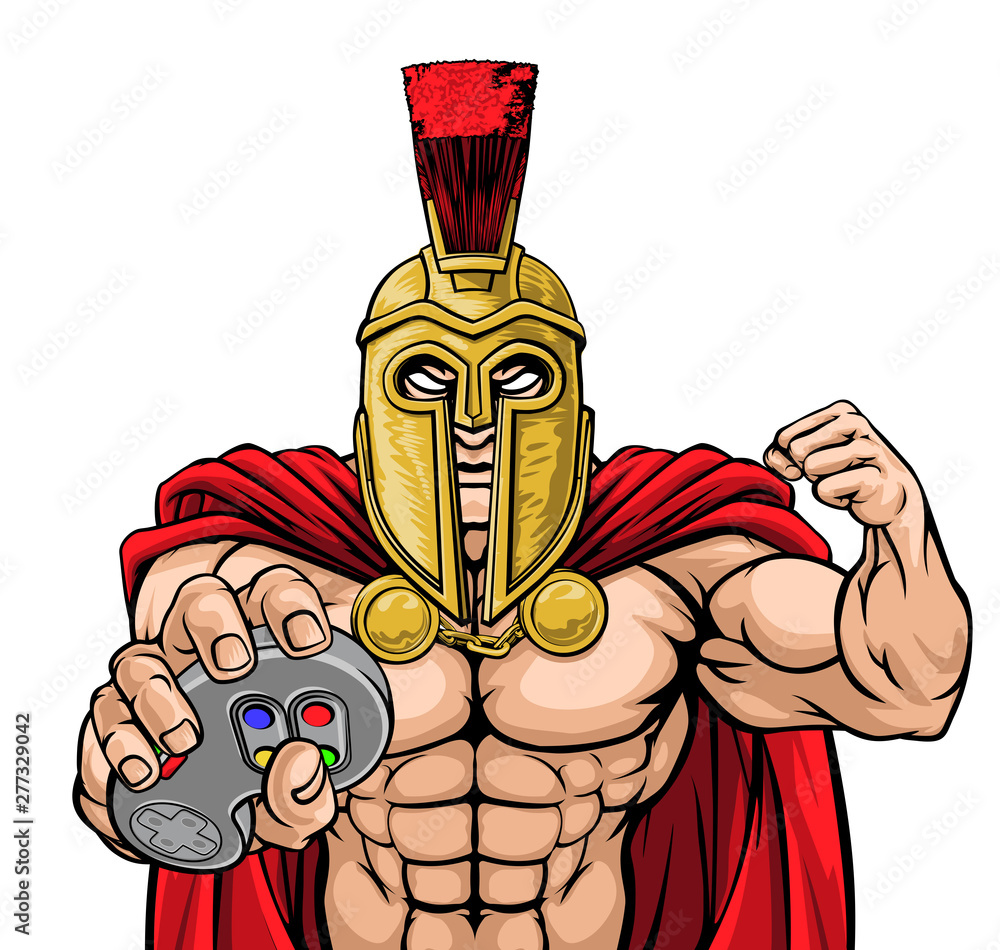 Fototapeta A Spartan or Trojan warrior or gladiator gamer mascot with video games controller