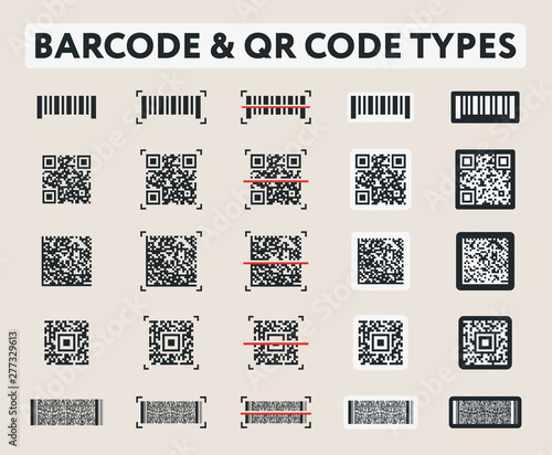Different Vector Barcode and QR Code Digital Types Label. Data Matrix, Aztec, Portable Data File. 