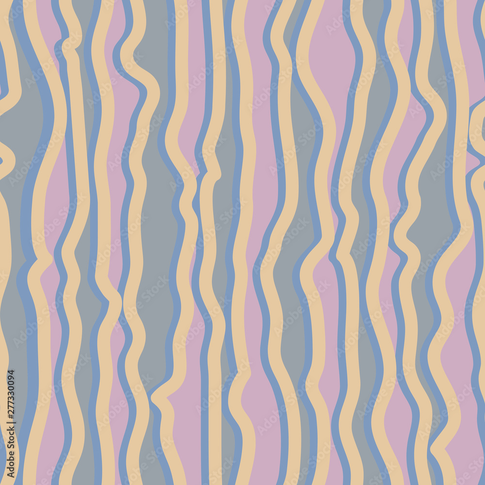 Abstract pattern with vertical curved lines. Background with uneven parallel stripes. Ornament in gray and pink colors.