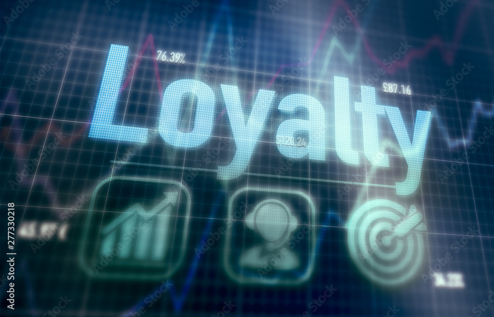 Loyalty concept on a blue dot matrix computer display.