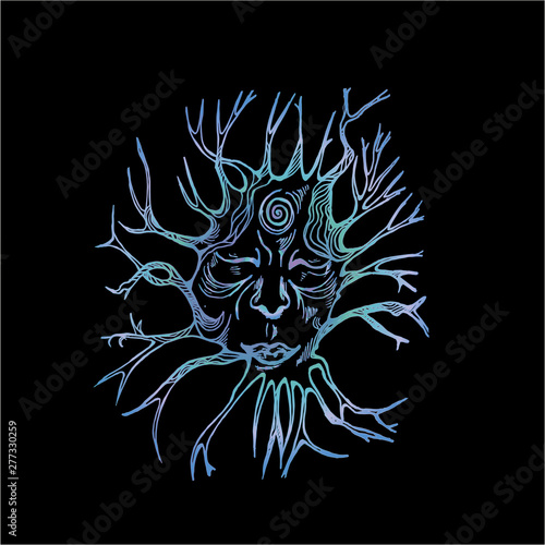 Color illustration of the spirit of the forest. Face with eyes closed and roots.