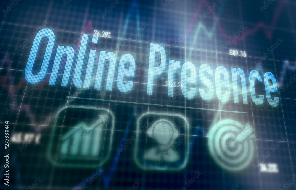 Online Presence concept on a blue dot matrix computer display.