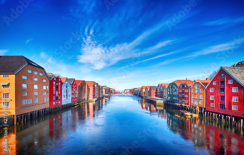 Colorful houses over water in Trondheim city - Norway photo