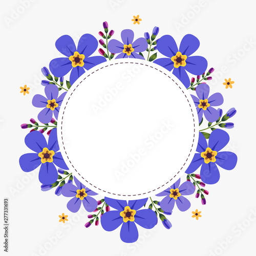 Floral greeting card and invitation template for wedding or birthday anniversary, Vector circle shape of text box label and frame, Purple flowers wreath ivy style with branch and leaves.