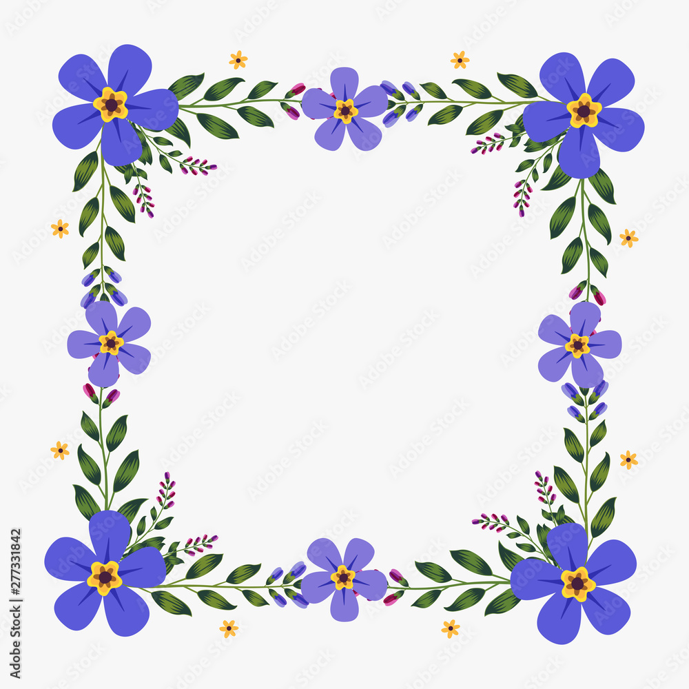 Floral greeting card and invitation template for wedding or birthday anniversary, Vector square shape of text box label and frame, Purple flowers wreath ivy style with branch and leaves. Floral greeting card and invitation template for wedding or birthday anniversary, Vector square shape of text box label and frame, Purple flowers wreath ivy style with branch and leaves.