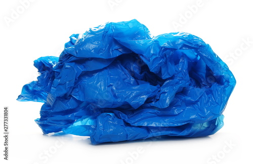 Crumpled blue nylon bag for recycling, isolated on white background