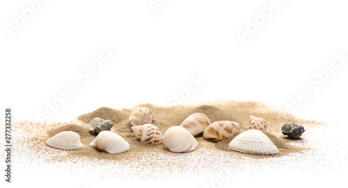 Fototapeta Naklejka Na Ścianę i Meble -  Sea shells in sand pile isolated on white background