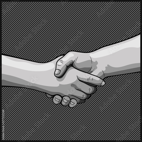 Handshake. Vector image in a realistic style. Comics style Graffiti. Monochrome image on the background of the rinses.
