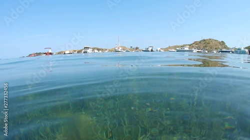 Spain many boats moored in Portlligat bay and Posidonia seagrass underwater, Mediterranean sea, Costa Brava, Cadaques, Cap de Creus, Catalonia photo