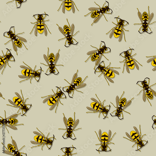 Decorative seamless pattern with wasps. Endless ornament with chaotic hornets on beige backdrop. Stylish wasp background.