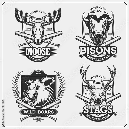 Set of baseball badges  labels and design elements. Sport club emblems with deer  bison  elk and wild boar. Print design for t-shirts.