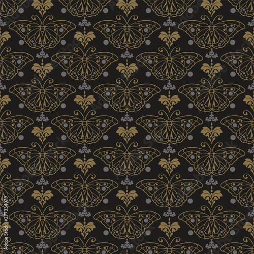 Dark background pattern. Retro style background image. Seamless pattern with butterfly. Wallpaper texture