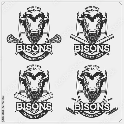 Cricket, baseball, lacrosse and hockey logos and labels. Sport club emblems with bison. Print design for t-shirts.