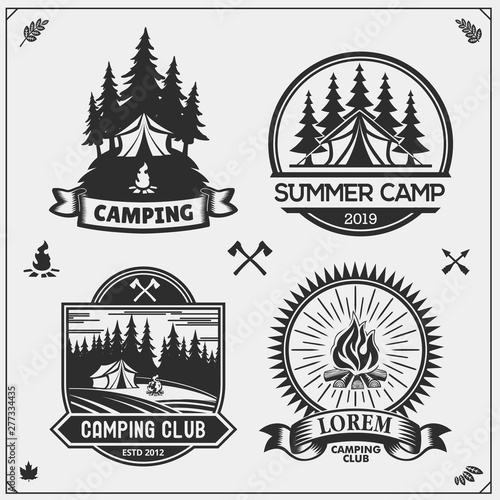 Camping club emblems, badges and design elements. Retro set of forest camping, outdoor adventure and wanderlust. Print design for camp t-shirt.