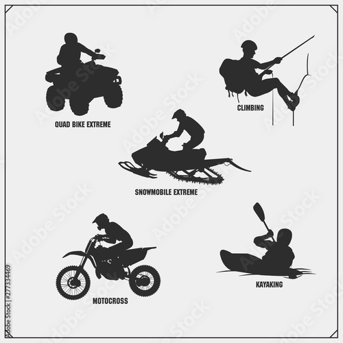 Extreme sport emblems. Quad bike  Snowmobile  Mountain climbing  Motocross jumping  Moto freestyle  Kayaking. Labels  badges and design elements for sport clubs. Print design for t-shirts.
