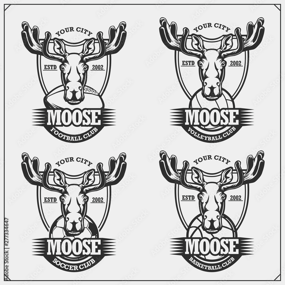 Volleyball, basketball, soccer and football logos and labels. Sport club emblems with moose or elk. Print design for t-shirt. Volleyball, basketball, soccer and football logos and labels. Sport club emblems with moose or elk. Print design for t-shirt.