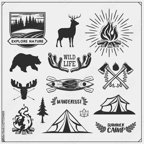 Camping club emblems and design elements with forest animals and equipment. Forest camping, outdoor adventure, wanderlust. Print design for camp t-shirt.