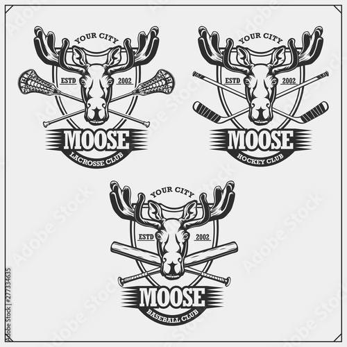 Baseball, lacrosse and hockey logos and labels. Sport club emblems with moose or elk. Print design for t-shirts.
