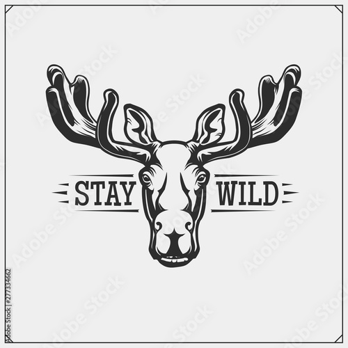 Vector emblem with moose or elk for sport club. Print design for t-shirt.