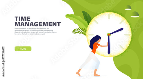 Time management banner with character, girl stopped time for rest. More time concept. The girl needs more time. Modern landing page design
