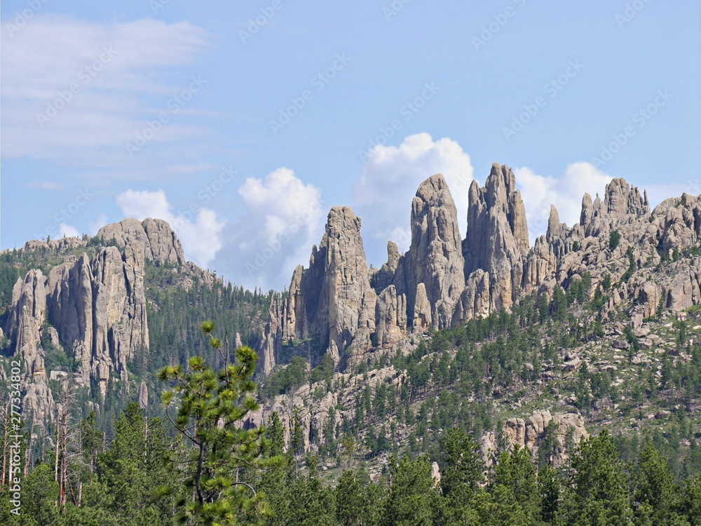 Dramatic rock formations seen along Needles Highway at Custer State Park, South Dakota.