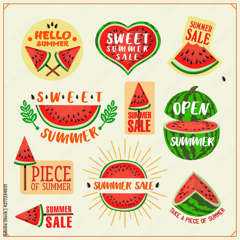 Set of summer sale emblems with whole watermelons and juicy watermelon slices. Summer sale poster design elements. Set of summer sale emblems with whole watermelons and juicy watermelon slices. Summer sale poster design elements.