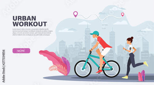 Urban workout and outdoor activity concept. Landing page design for cycling, running training. Modern Vector illustration for websites