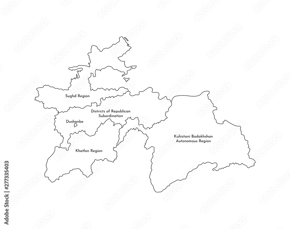 Vector isolated illustration of simplified administrative map of Tajikistan. Borders and names of the regions. Black line silhouettes