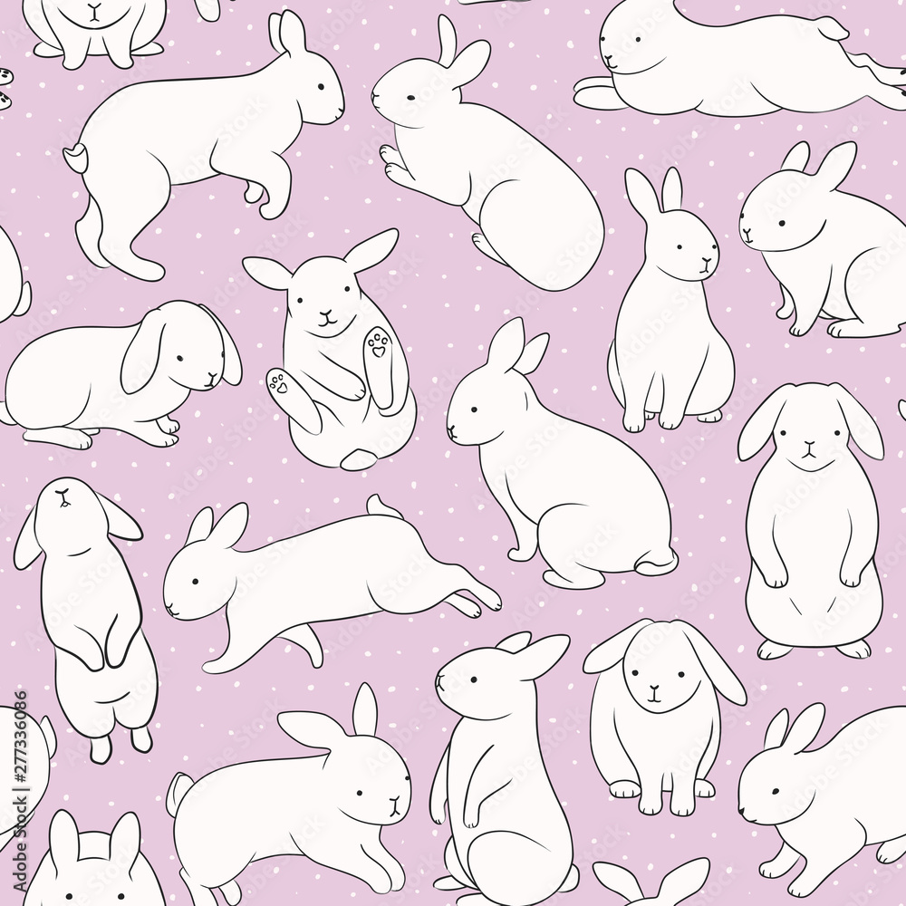 Seamless pattern with cute bunnies. White rabbits on a pink background.