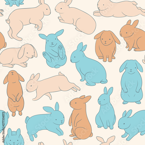 Seamless pattern with cute bunnies. Blue and red hares on a light background. Linear, outline drawing.