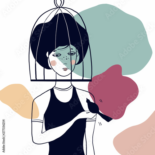 Girl In The Cage Vector Illustration