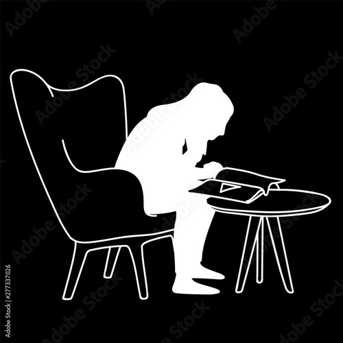 Woman sitting on soft armchair in front of coffee table, reading magazine. Vector illustration of silhouette of girl closely peering into book. Concept. Stencil. White silhouette on black background.