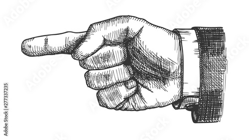 Male Hand Pointer Finger Showing Gesture Vector. Businessman Index Finger Arrow Suggesting Direction Course. Man Forefinger Wrist Gesturing Choice Monochrome Side View Closeup Cartoon Illustration