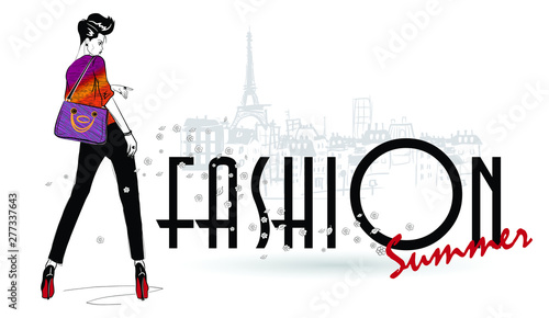 Fashion girl in sketch style on a white background. Vector illustration.