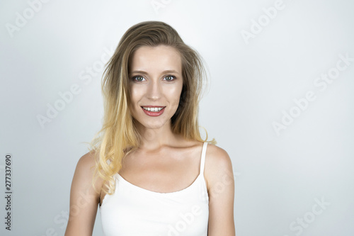 beautiful young woman isolated white background