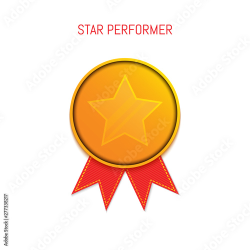 Star performer medallion with ribbon in cartoon style. Professional trophy honouring excellence and top achievements in business. Corporate and employee recognition concept.Cartoon vector illustration