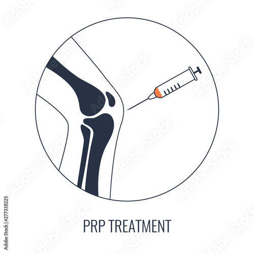 Bent knee bones and syringe vector linear poster. PRP injection for  joint pain treatment of arthritis and osteoarthritis. Stem cells regenerative medicine and orthopedics concept. 