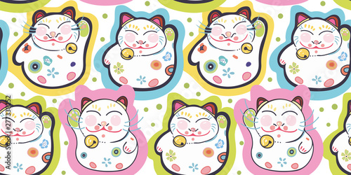white vector repeat pattren with happy maneki neko cat and pastel ornamental florals. Japan inspired pattern. Comic style. Perfect for paper and textile projects or events. Surface pattern design.