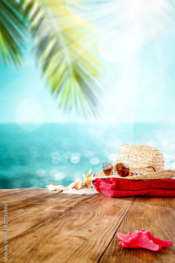 Table background of free space for your decoration and summer beach  - obrazy, fototapety, plakaty 