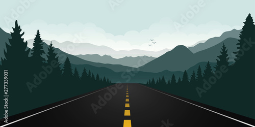 straigth road in the forest with green mountain landscape vector illustration EPS10 photo