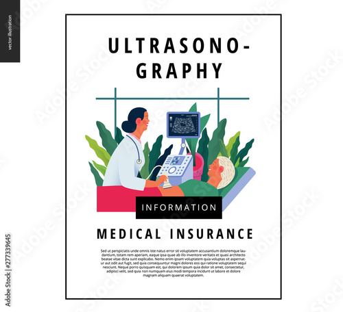 Medical tests template - ultrasound - modern flat vector concept digital illustration of ultrasonography procedure -doctor examing patient pregnant woman with scanner, medical office or laboratory