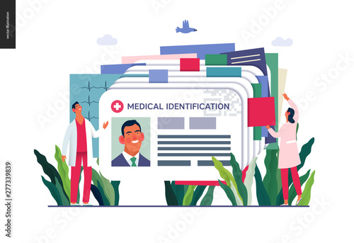 Medical insurance illustration- medical id card, health card -modern flat vector concept digital illustration - a plastic identification card as medical records file metaphor