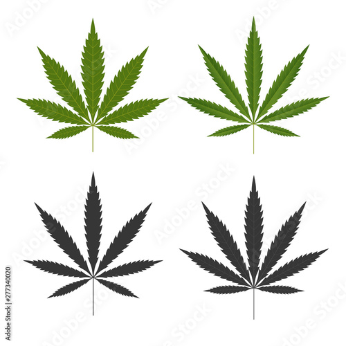 Cannabis leaf icons set. Green silhouette indica sativa isolated white background. Herbal medicine herb plant. Natural weed hemp. Addiction smoke drug Illegal narcotic marijuana. Vector illustration