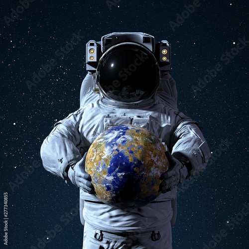 astronaut holding an Earth like exoplanet, world of a distant star system