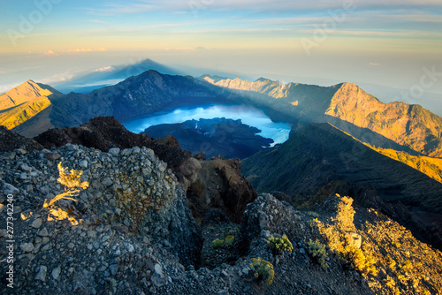 Mount Rinjani summit in the morning during sunrise - Lombok, Indonesia.