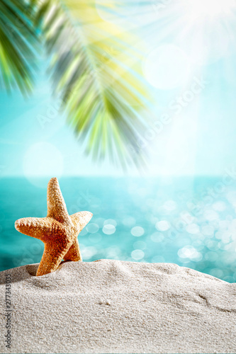 Fototapeta Naklejka Na Ścianę i Meble -  Summer shell on beach and sea landscape with palm and sun. 