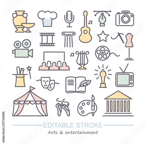 Arts and Entertainment icon set. Collection of vector icons with editable stroke